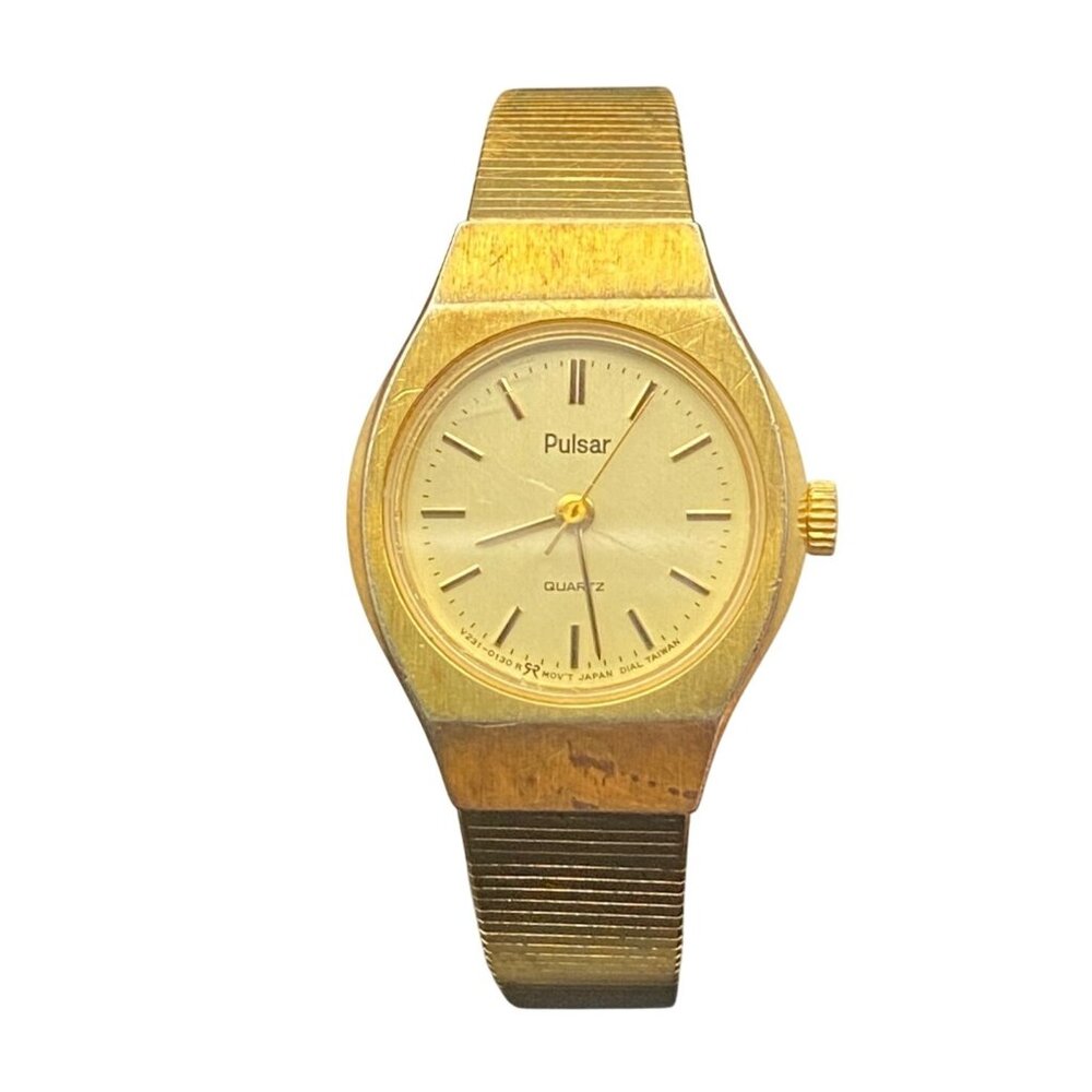 Vintage Pulsar Watch V231-0130 Womens Gold Tone Quartz 1980s New Battery Works